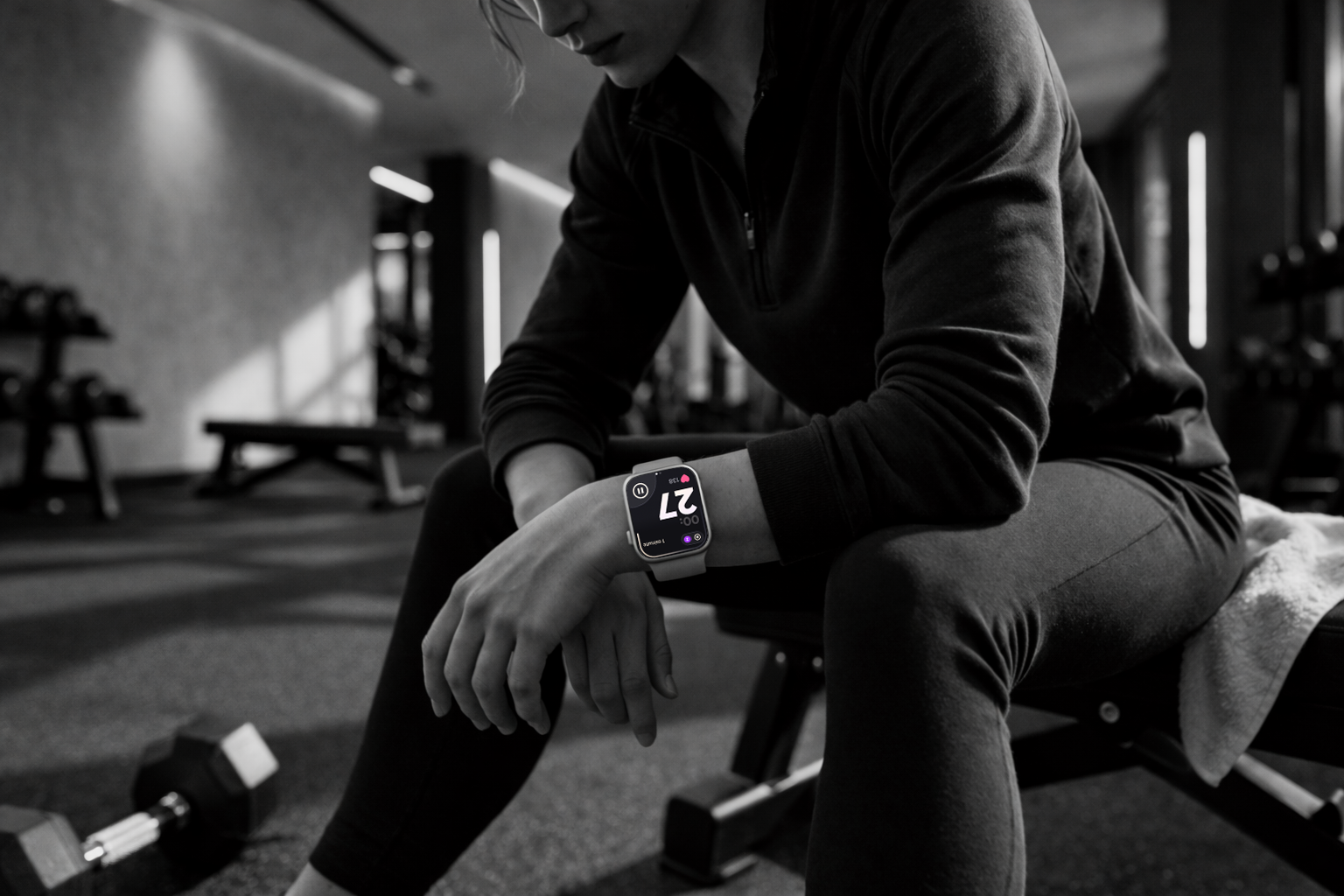 Athlete resting in the gym while using the Metre Apple Watch workout timer for lifting